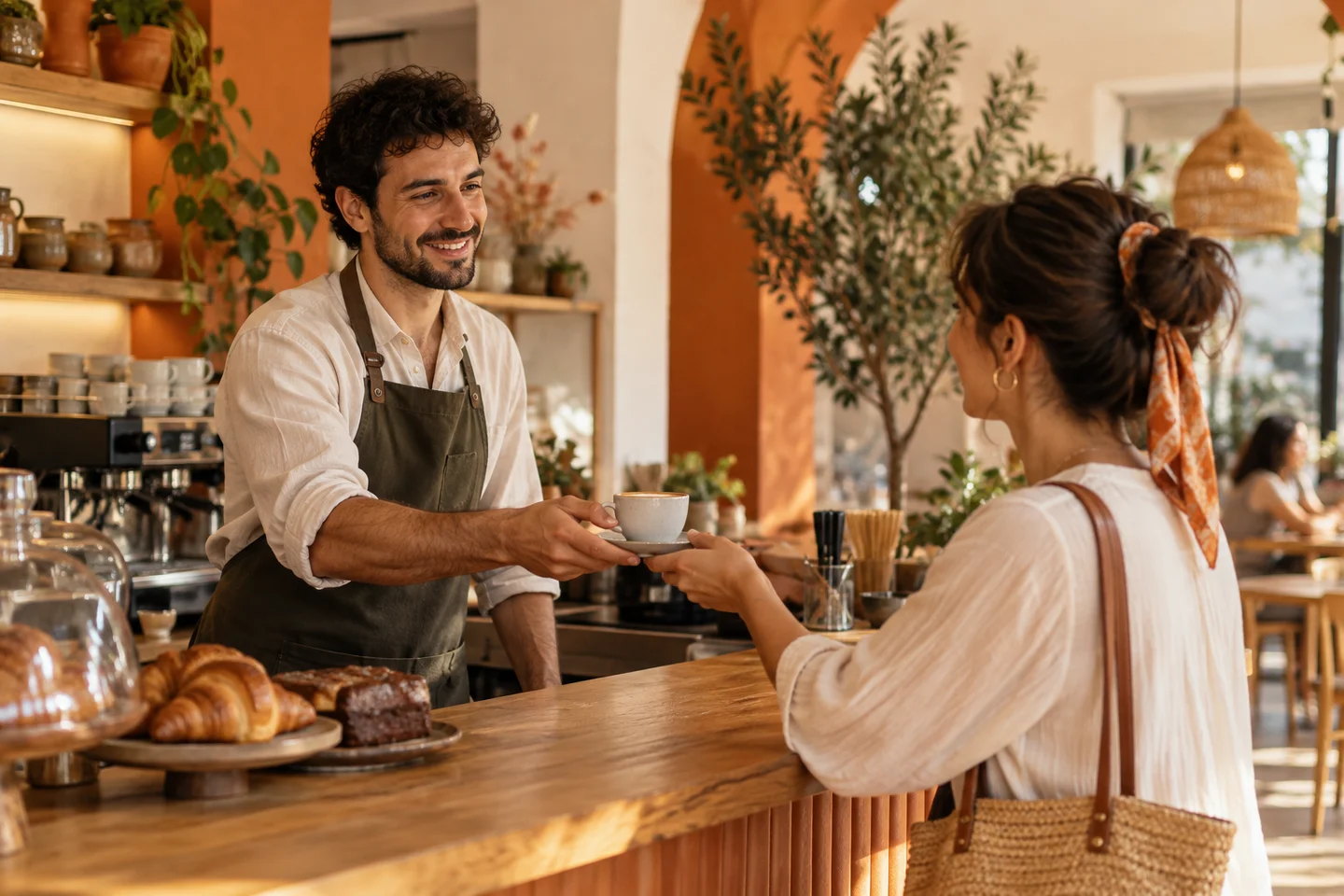 Kafe tezgâhında müşterisine kahve uzatan işletme sahibi